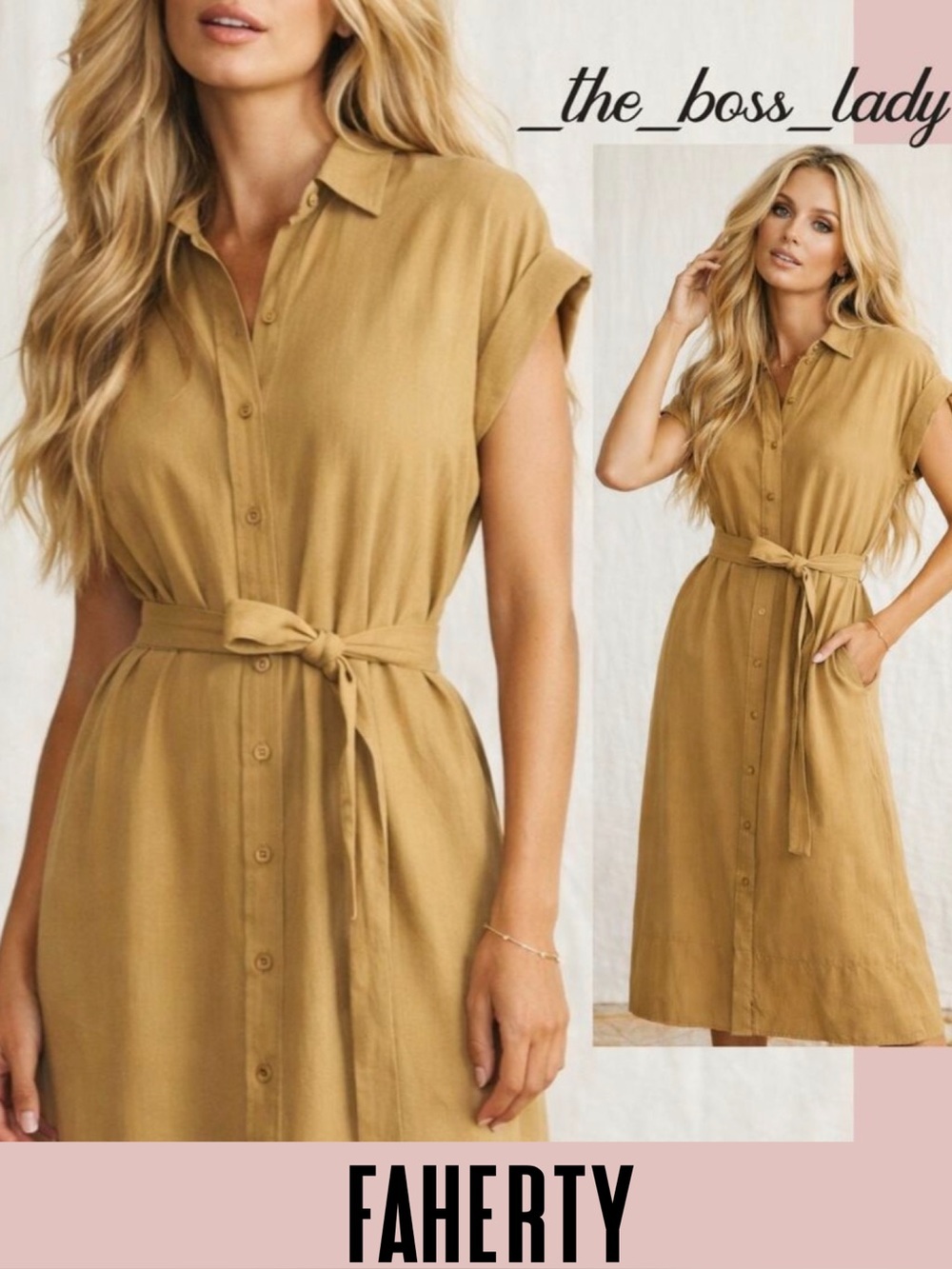 Faherty arlie shirtdress linen blend mid belted collared Large bronze